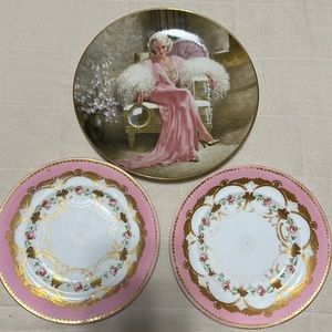 Jean Harlow collectible plate and 2 pink plates